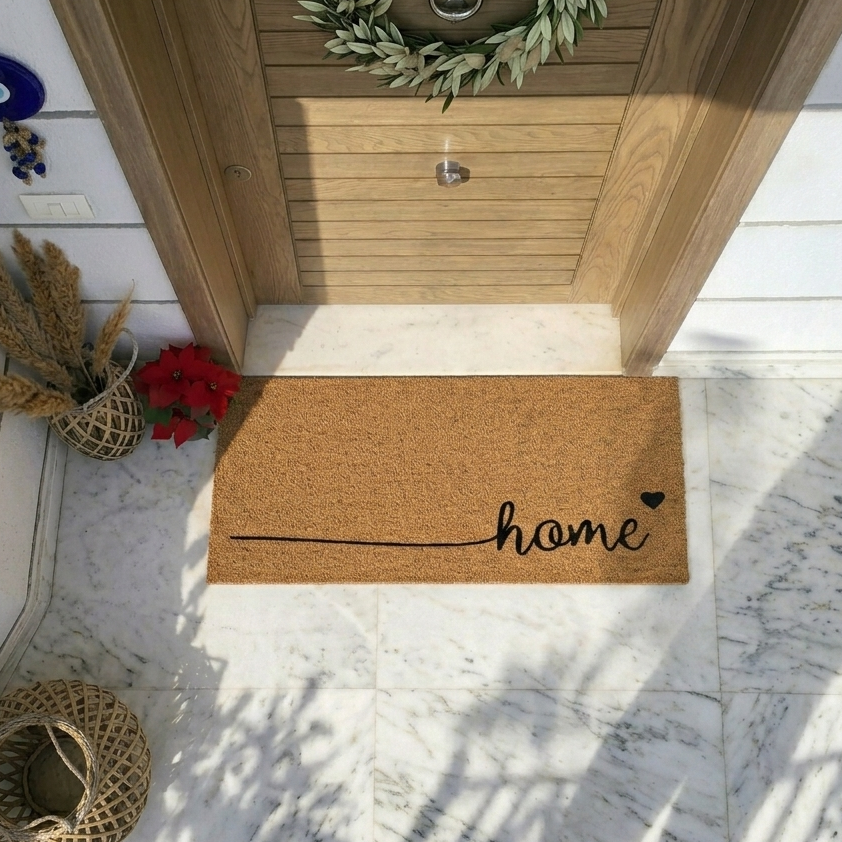 Doormat made of natural coconut fiber burlap.