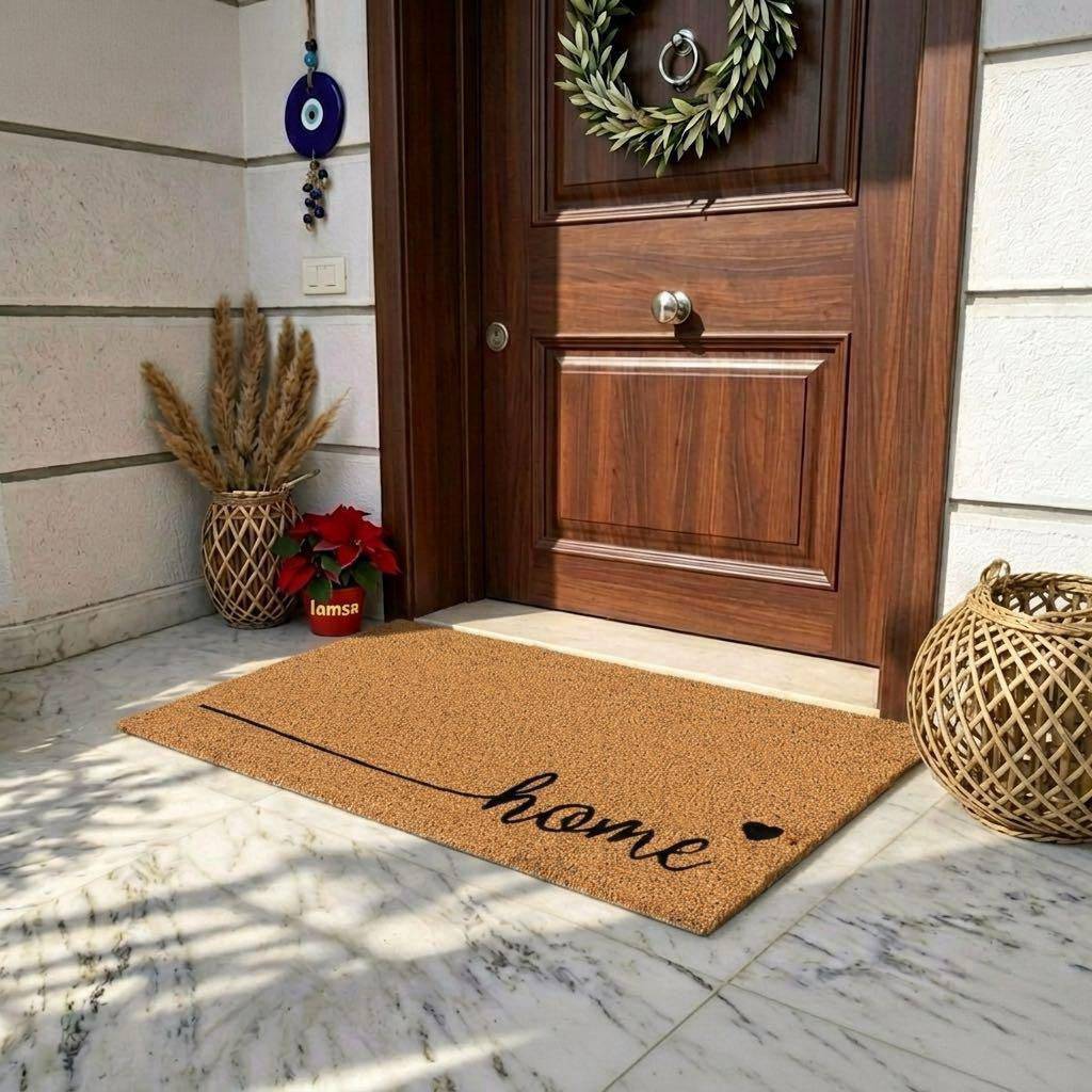 Doormat made of natural coconut fiber burlap.